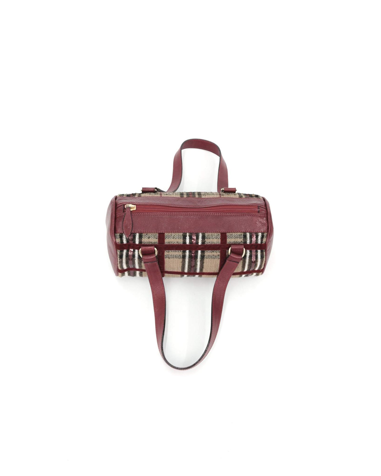 small beige and burgundy plaid shoulder bag