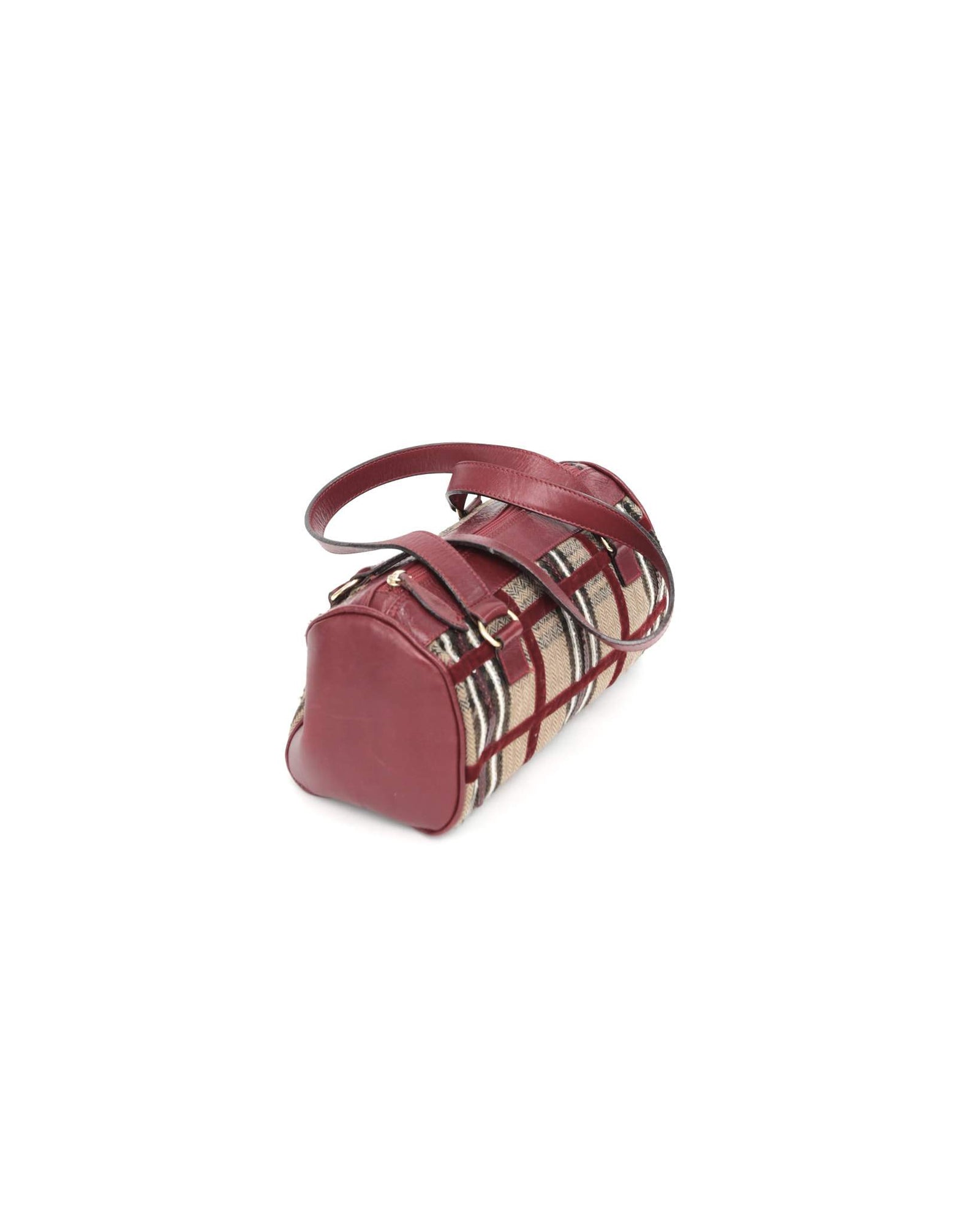 small beige and burgundy plaid shoulder bag