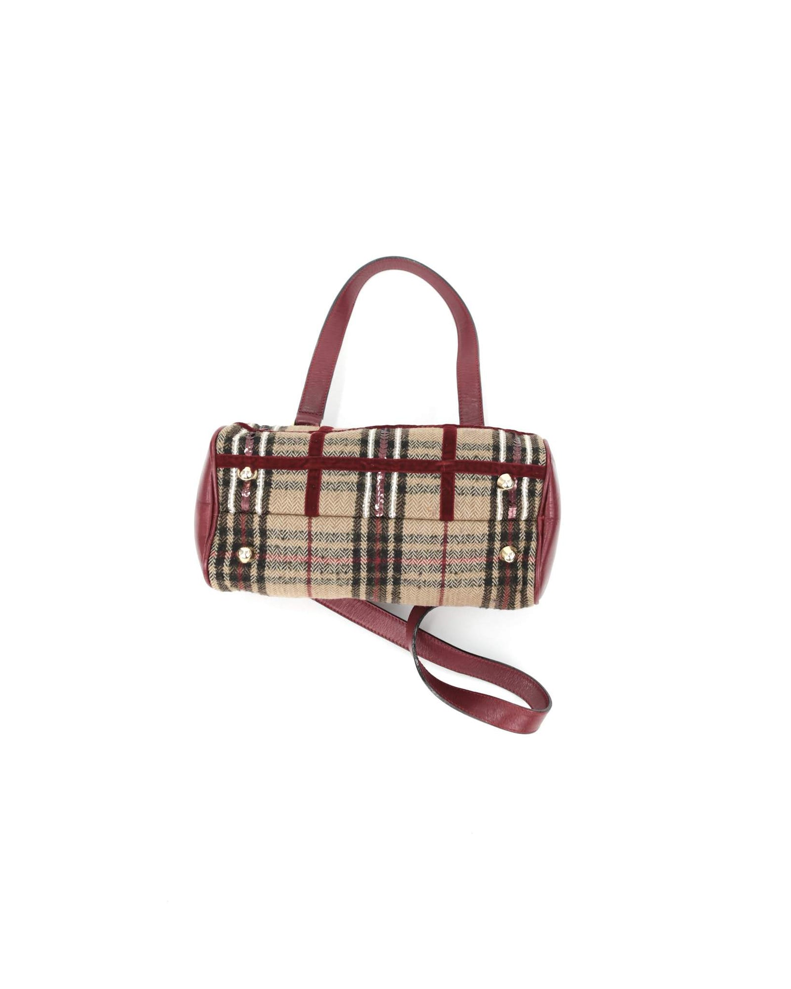 small beige and burgundy plaid shoulder bag