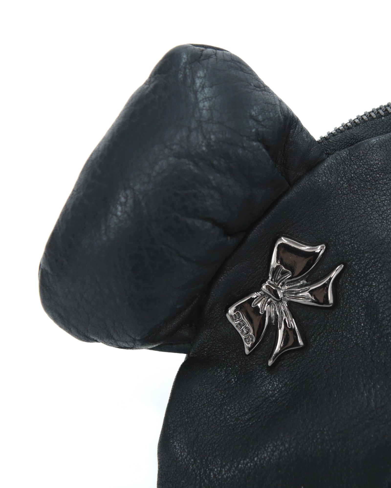 small black leather teddy bear clutch