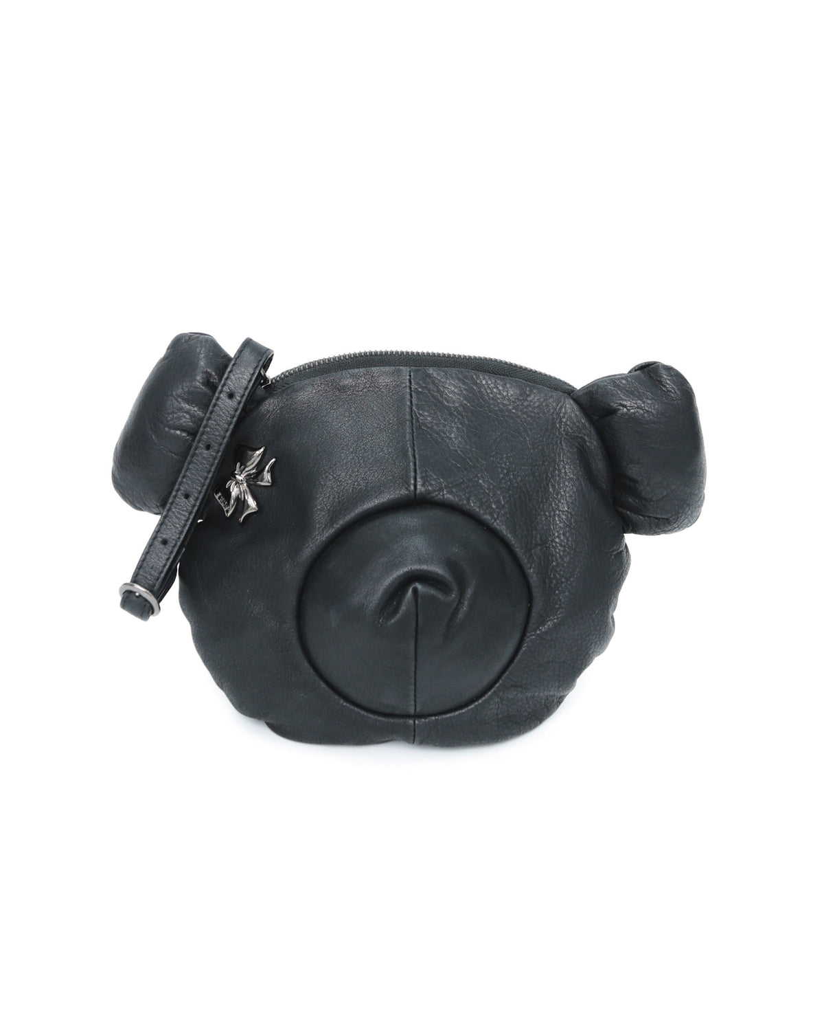 small black leather teddy bear clutch