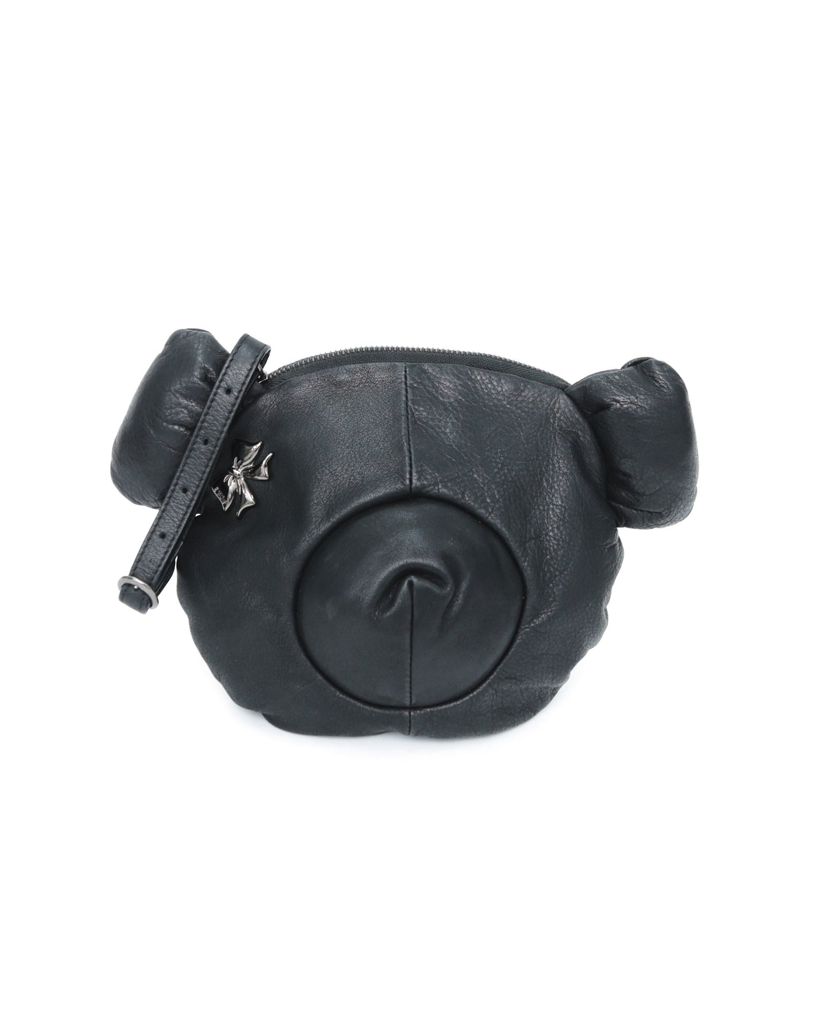 small black leather teddy bear clutch