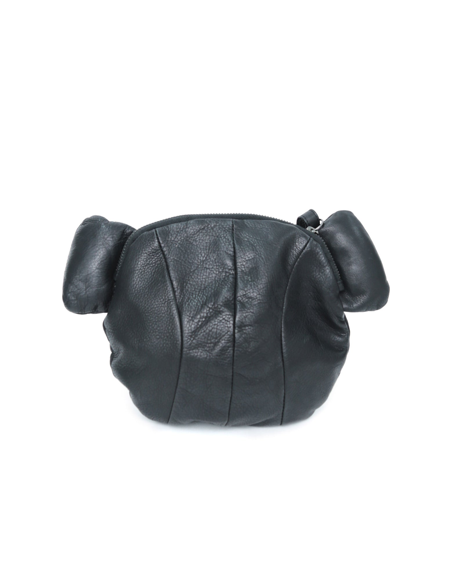 small black leather teddy bear clutch