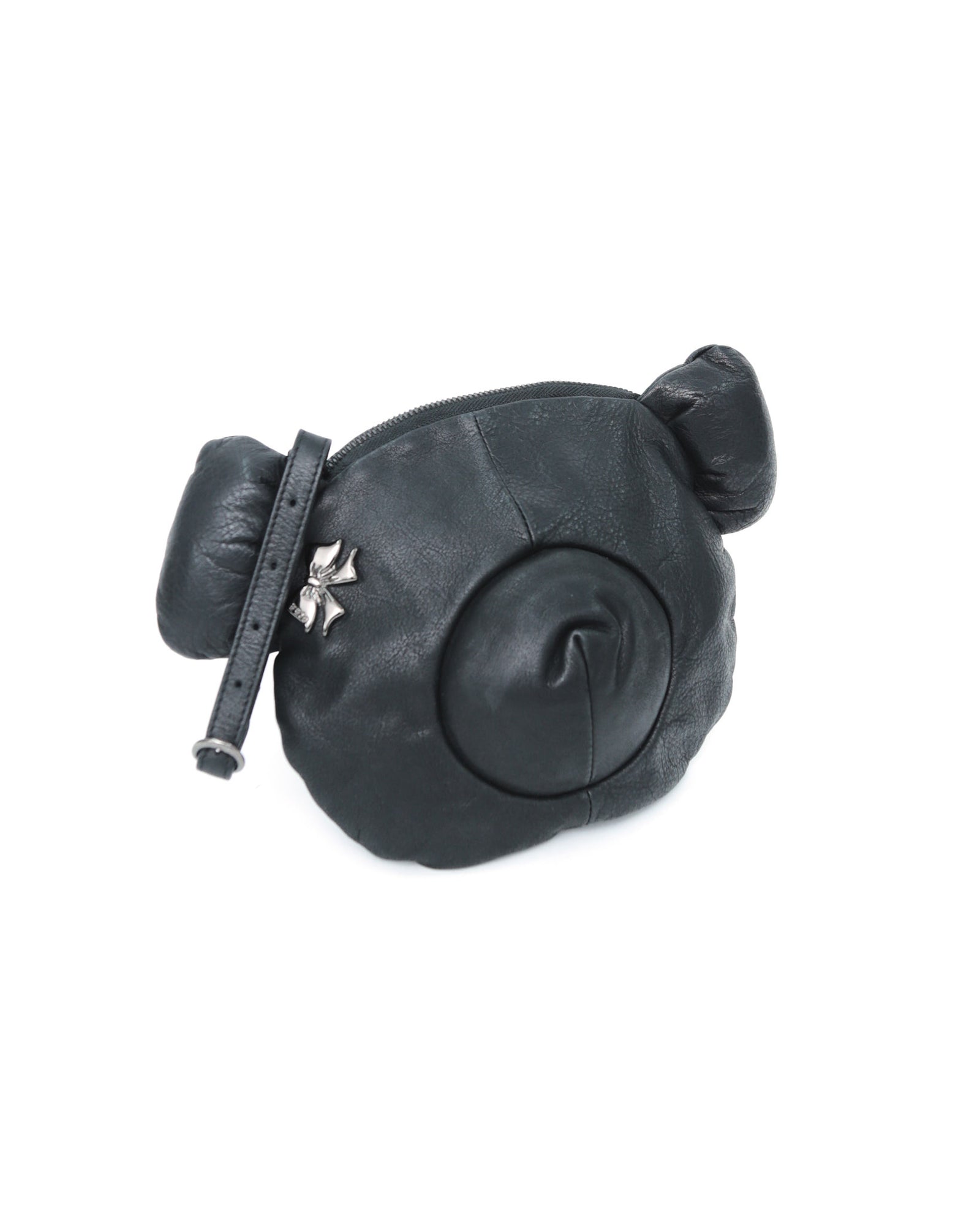 small black leather teddy bear clutch