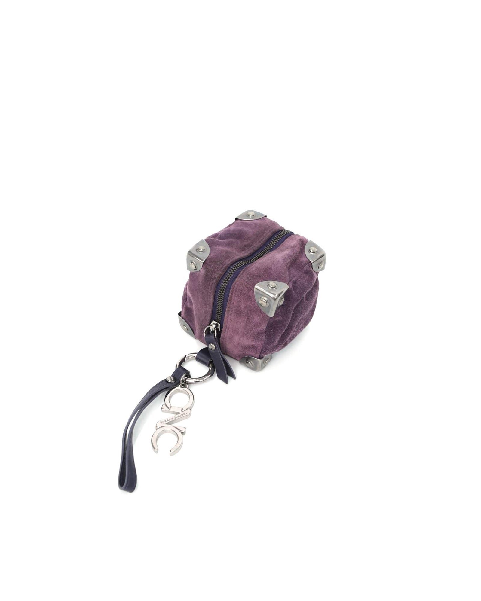 small purple square suede bag with silver-tone metal details