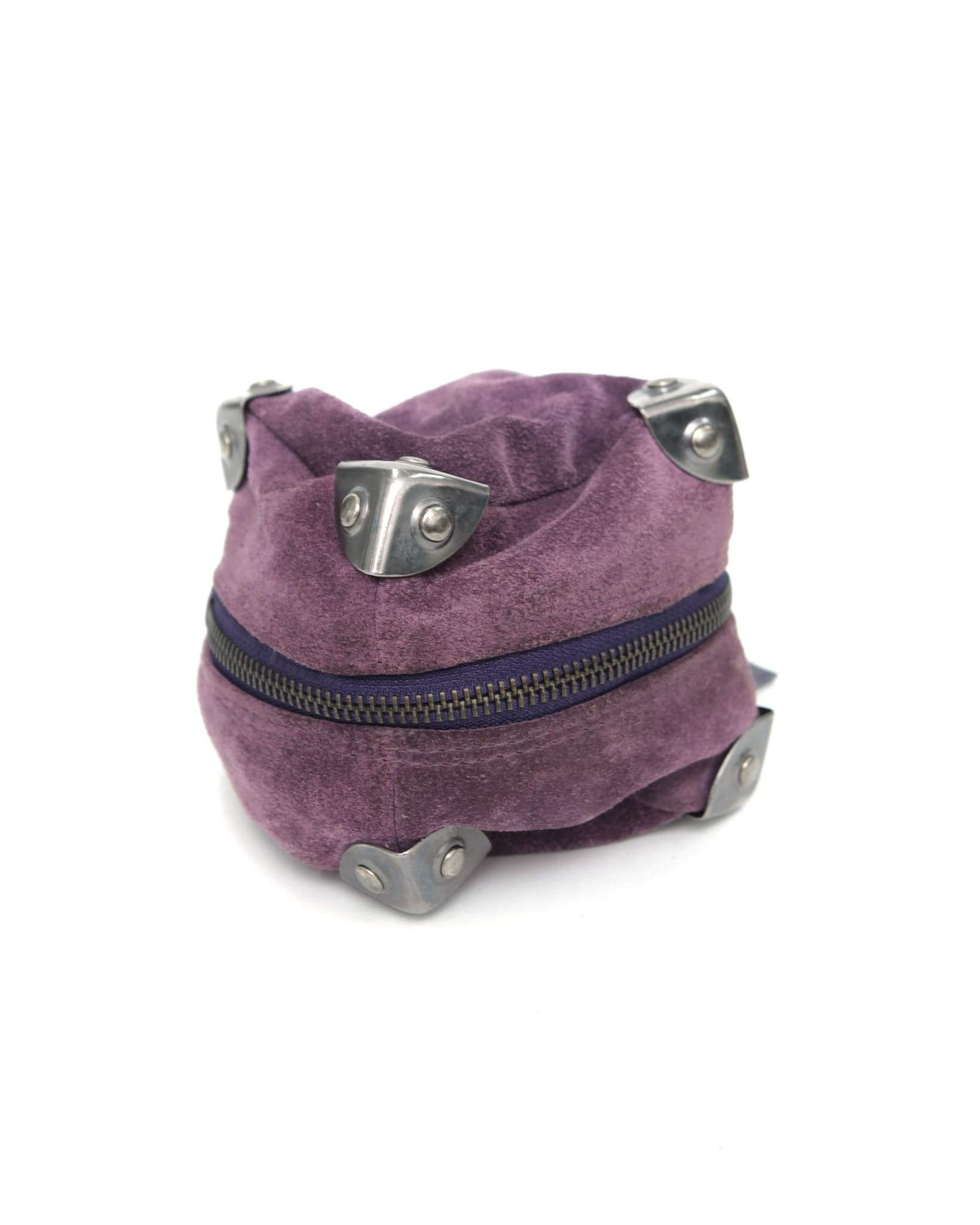small purple square suede bag with silver-tone metal details
