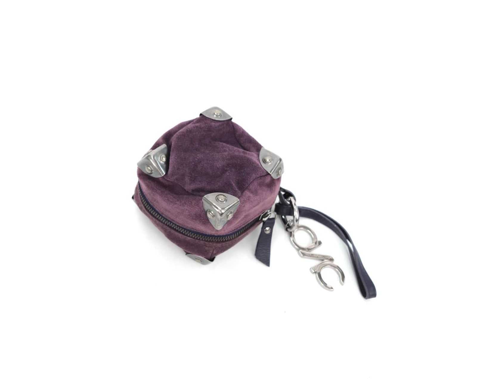 small purple square suede bag with silver-tone metal details