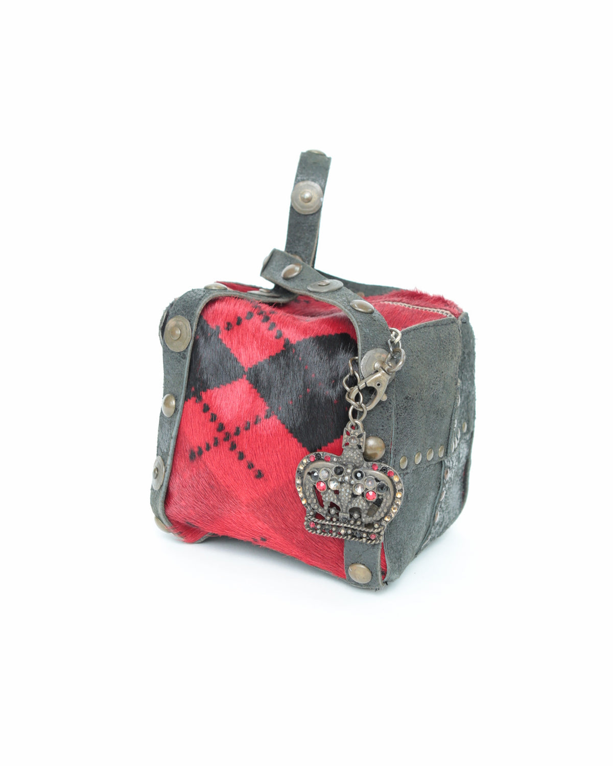 small red plaid pattern pony hair bag with metal details