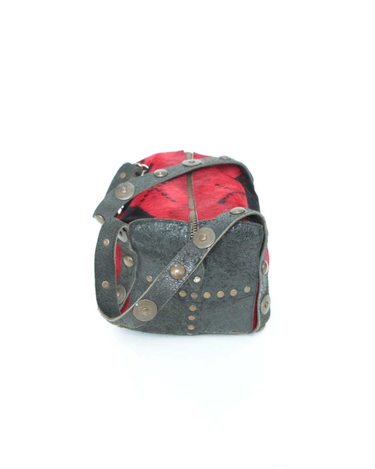 small red plaid pattern pony hair bag with metal details