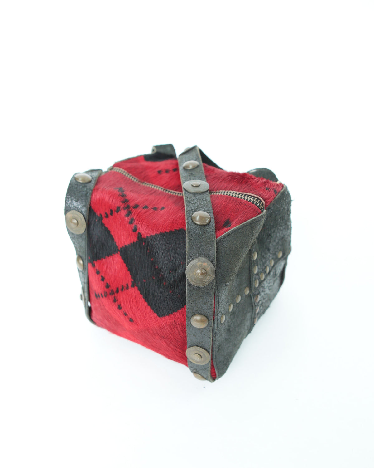 small red plaid pattern pony hair bag with metal details