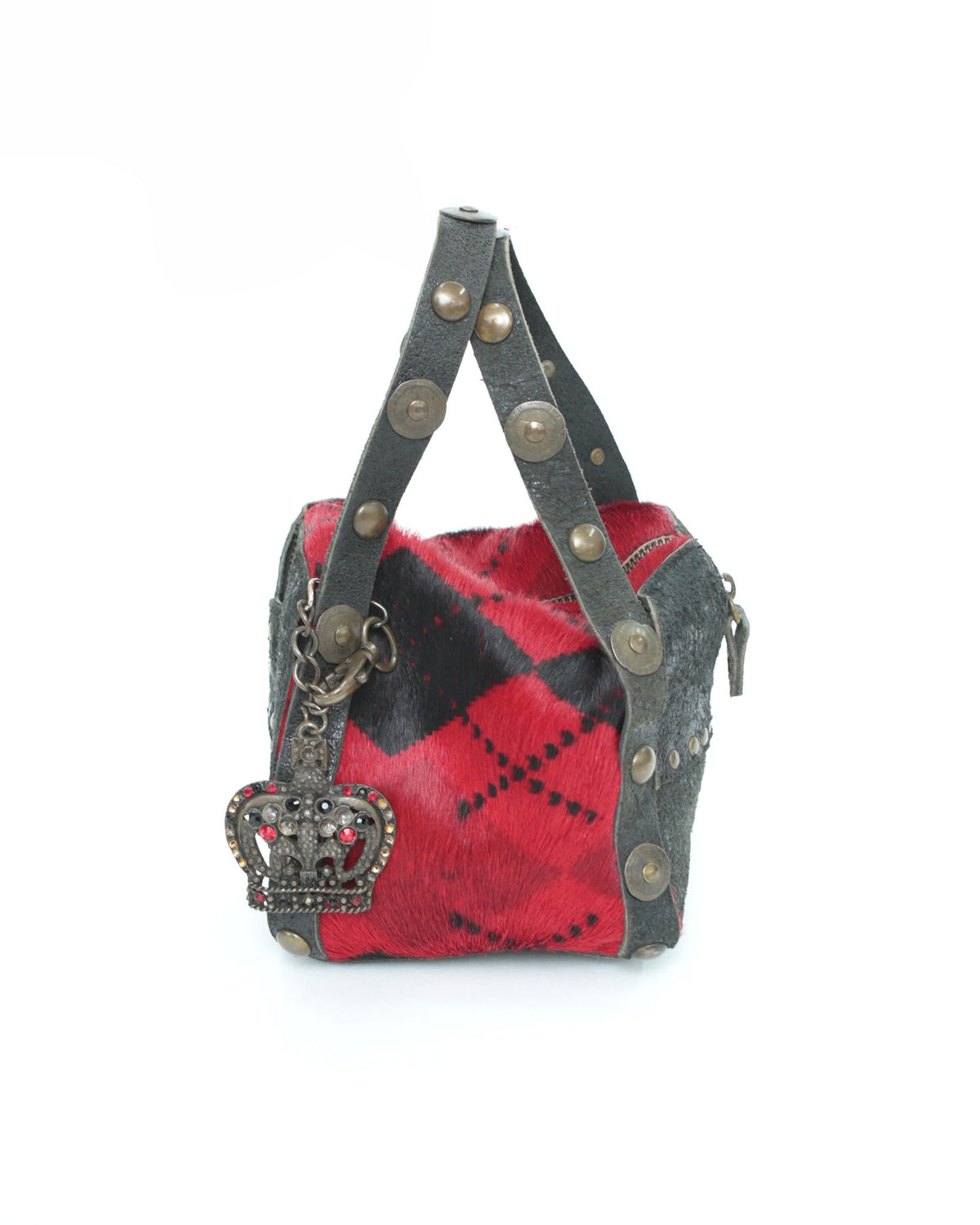 small red plaid pattern pony hair bag with metal details