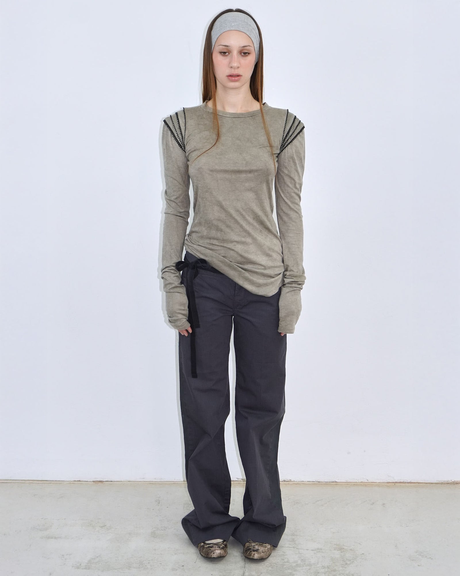 stone coloured top with shoulder detail