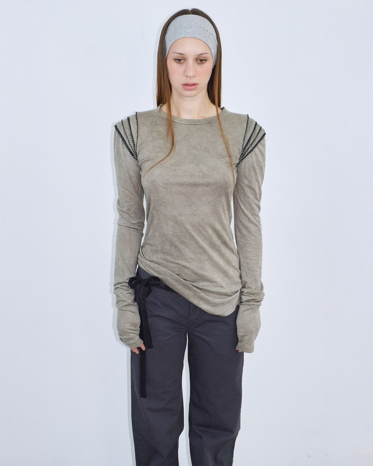 stone coloured top with shoulder detail
