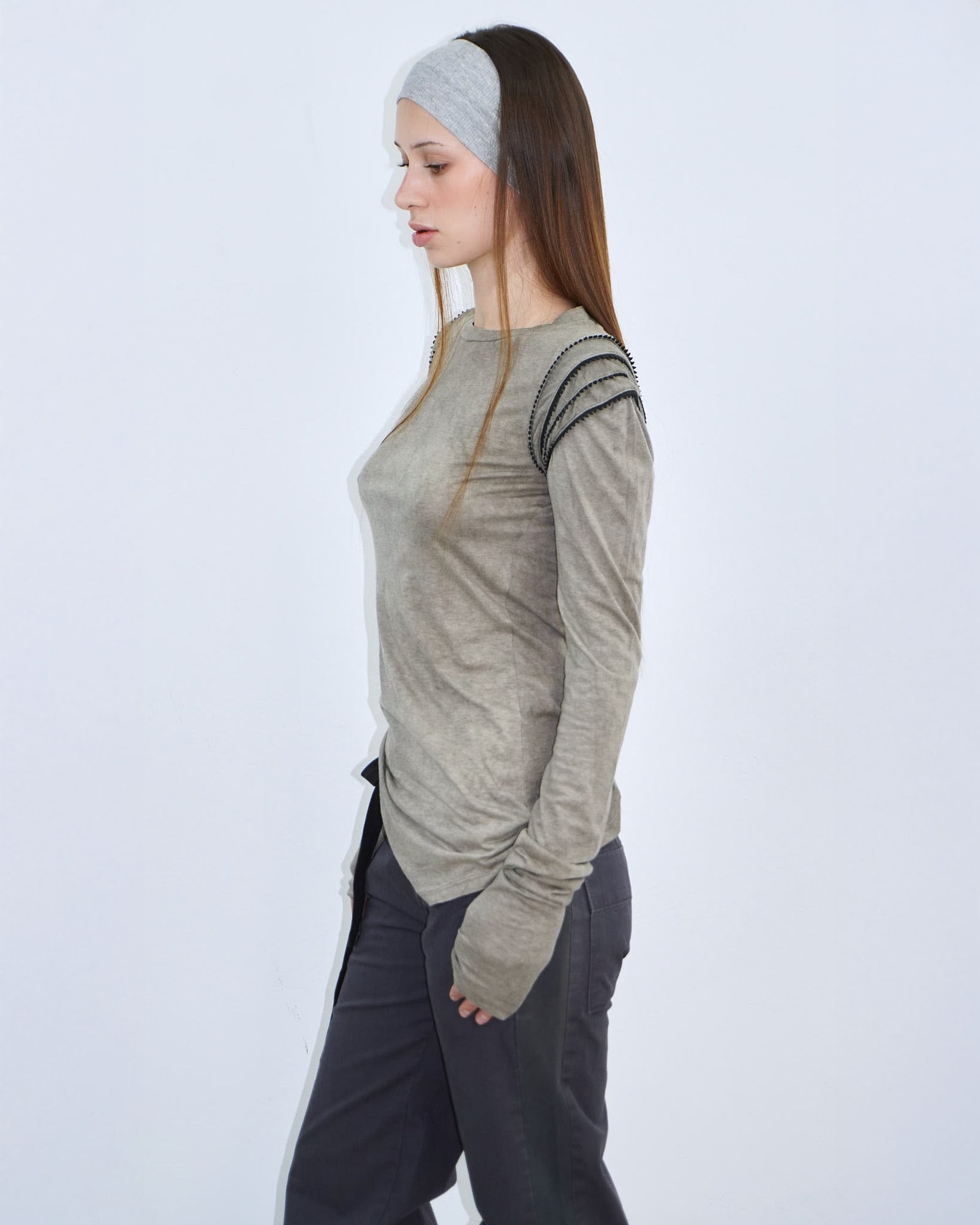 stone coloured top with shoulder detail