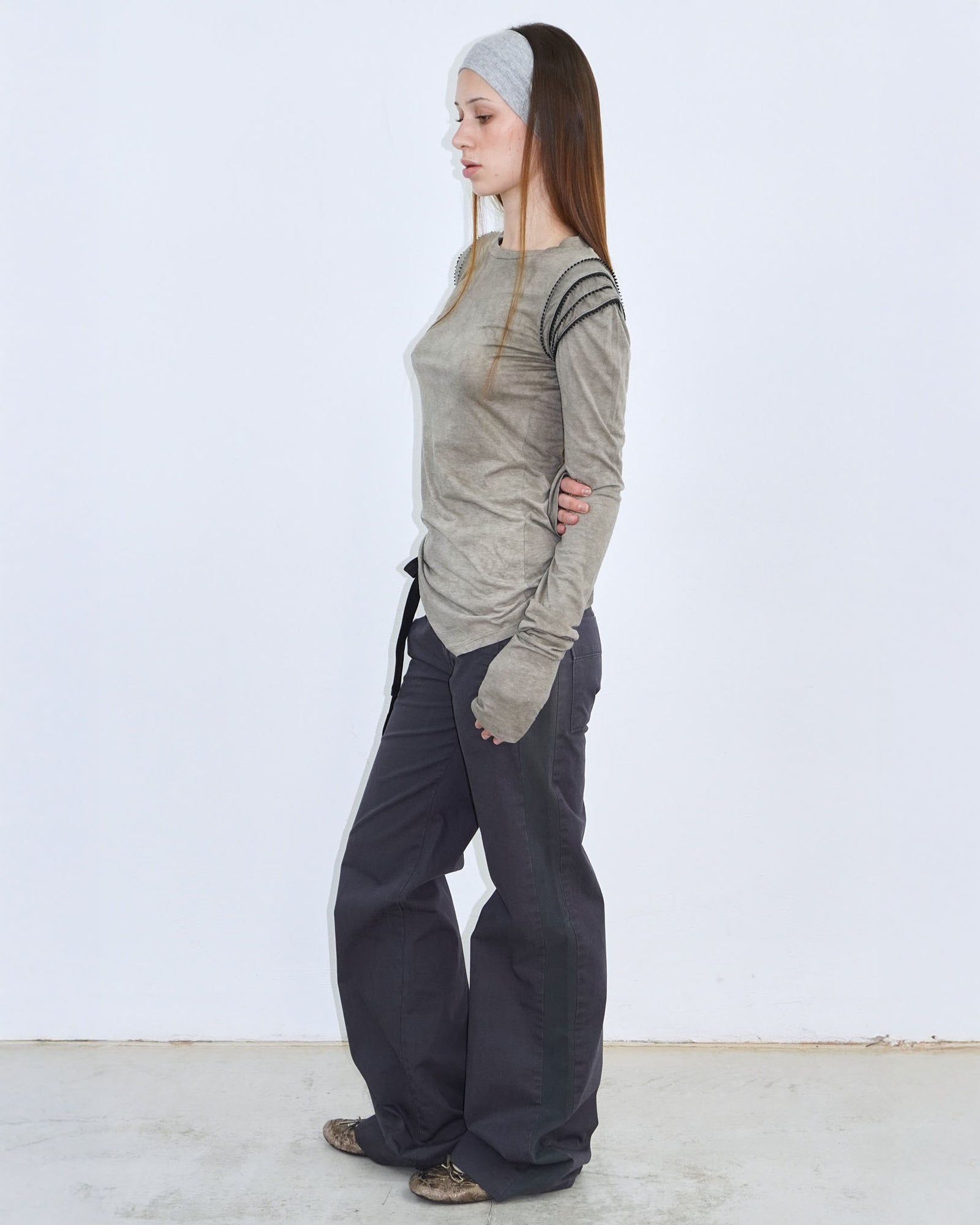 stone coloured top with shoulder detail