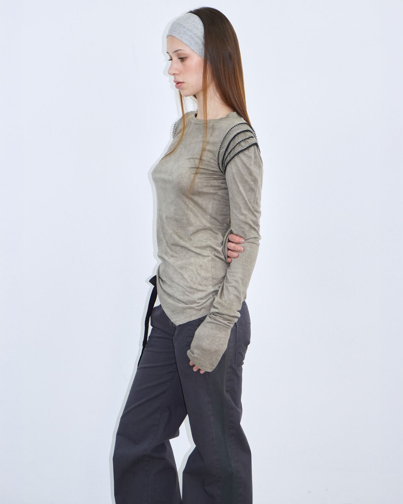 stone coloured top with shoulder detail