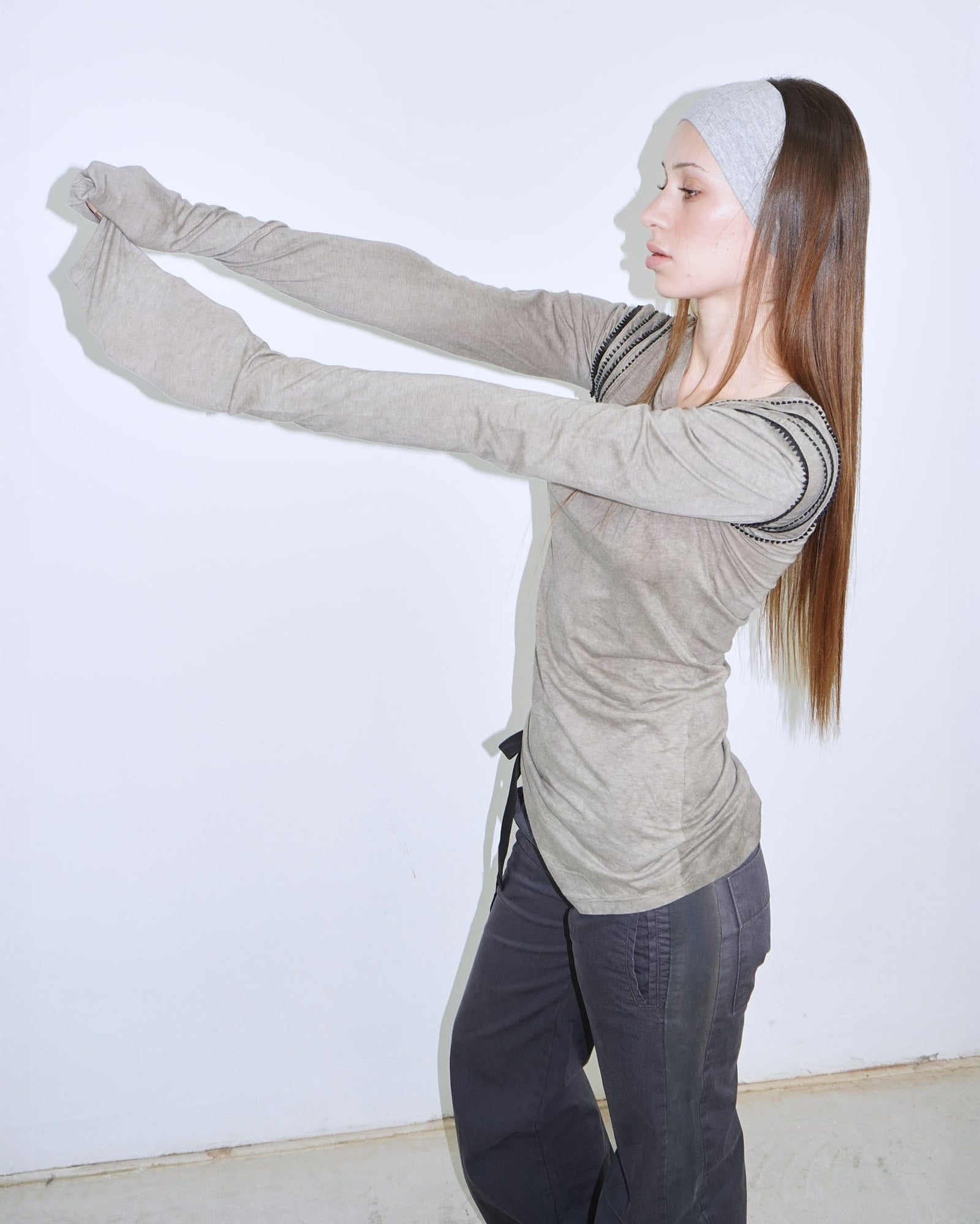 stone coloured top with shoulder detail