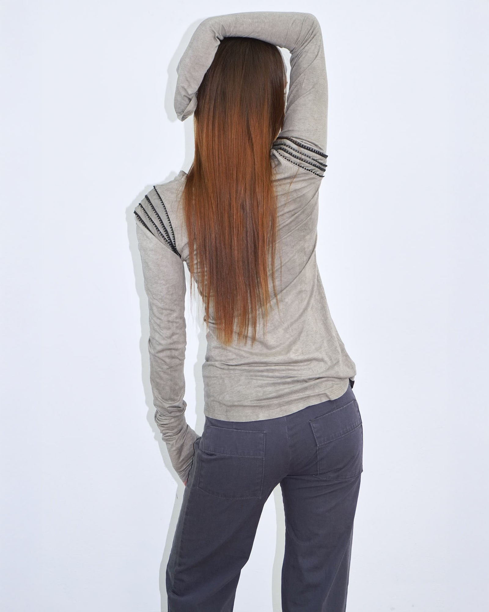 stone coloured top with shoulder detail