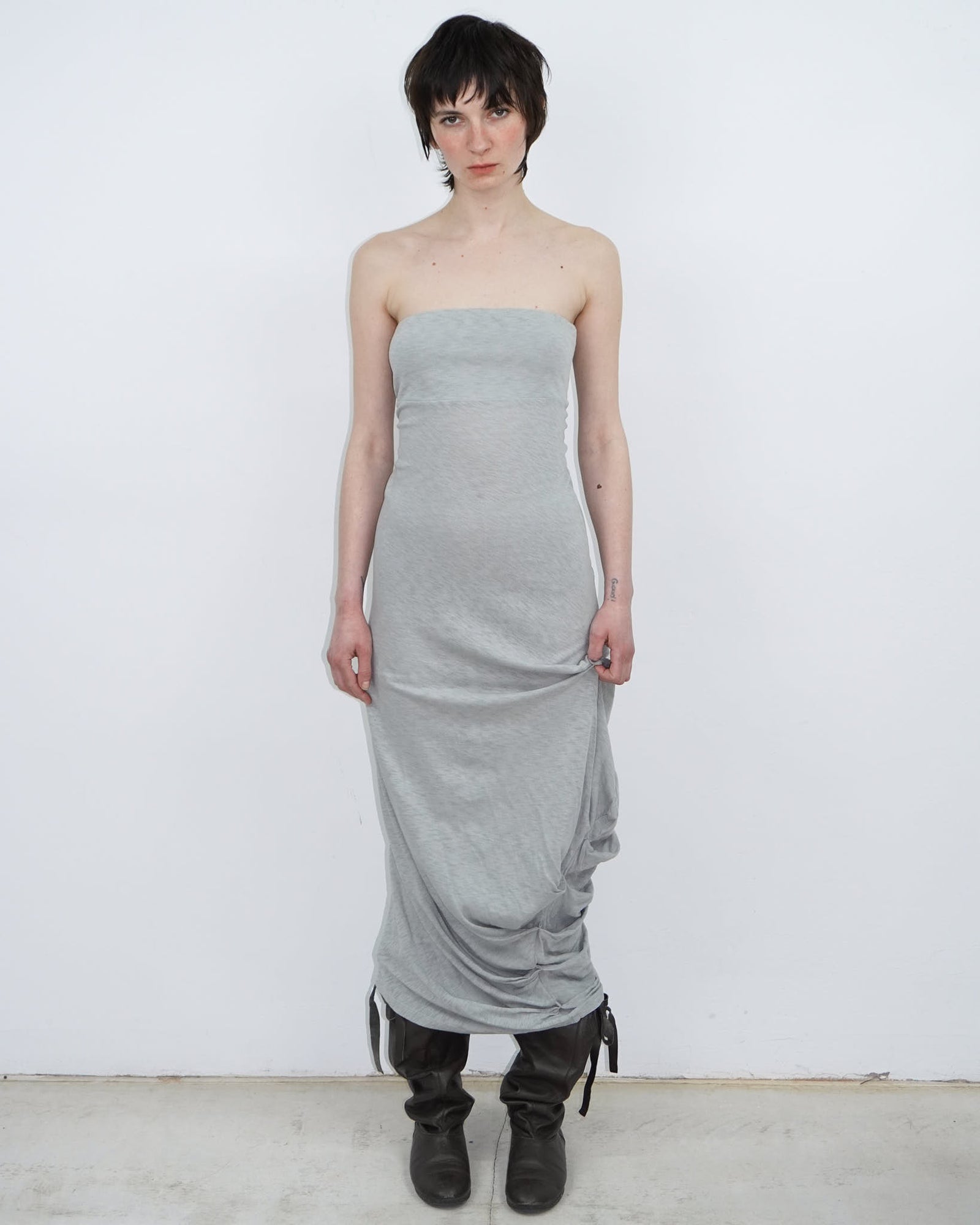 strapless draped long dress