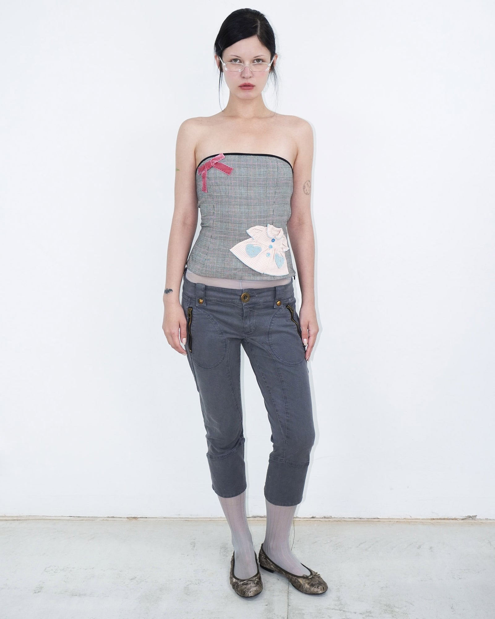 tartan tube top with ribbon and dress patches