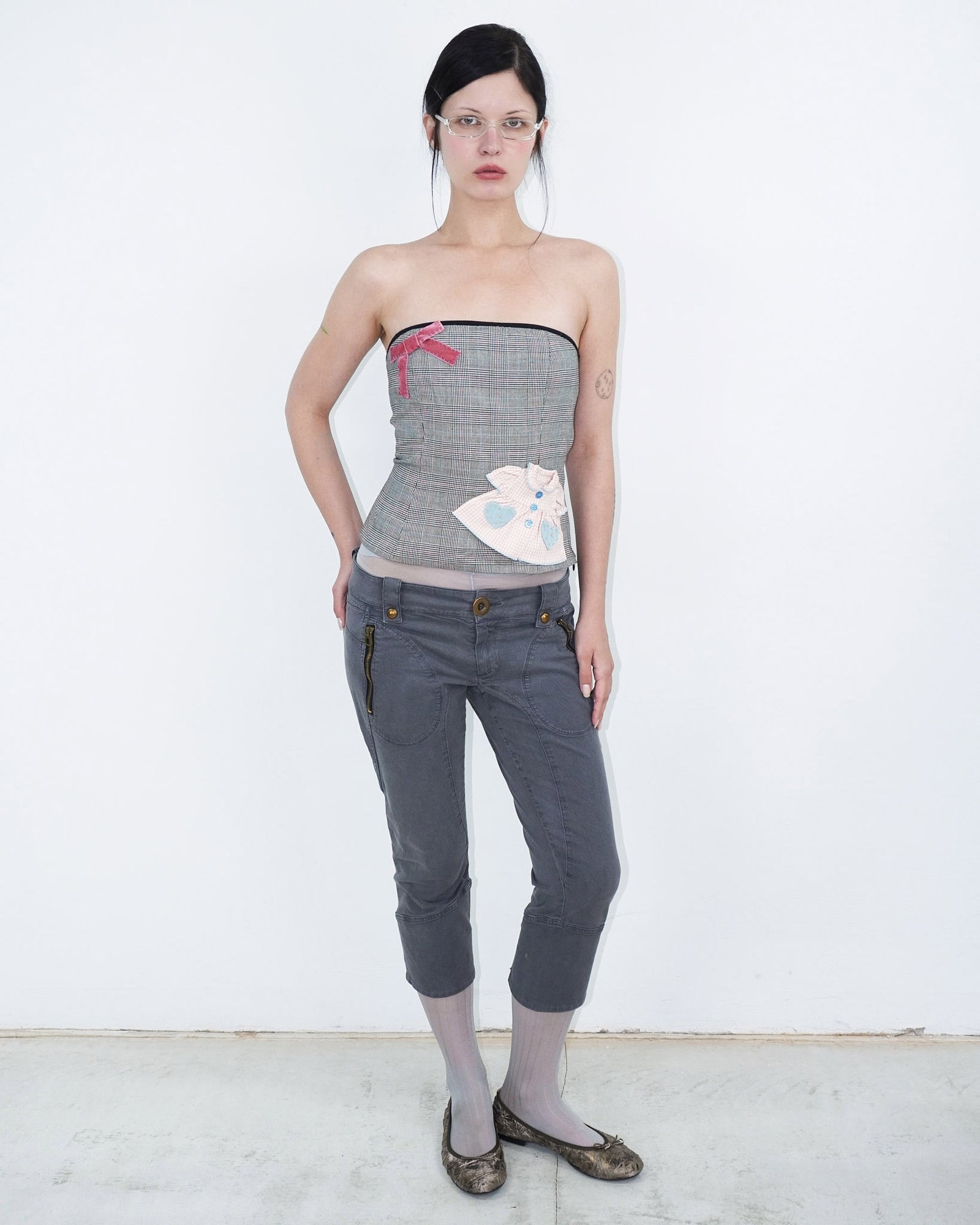 tartan tube top with ribbon and dress patches