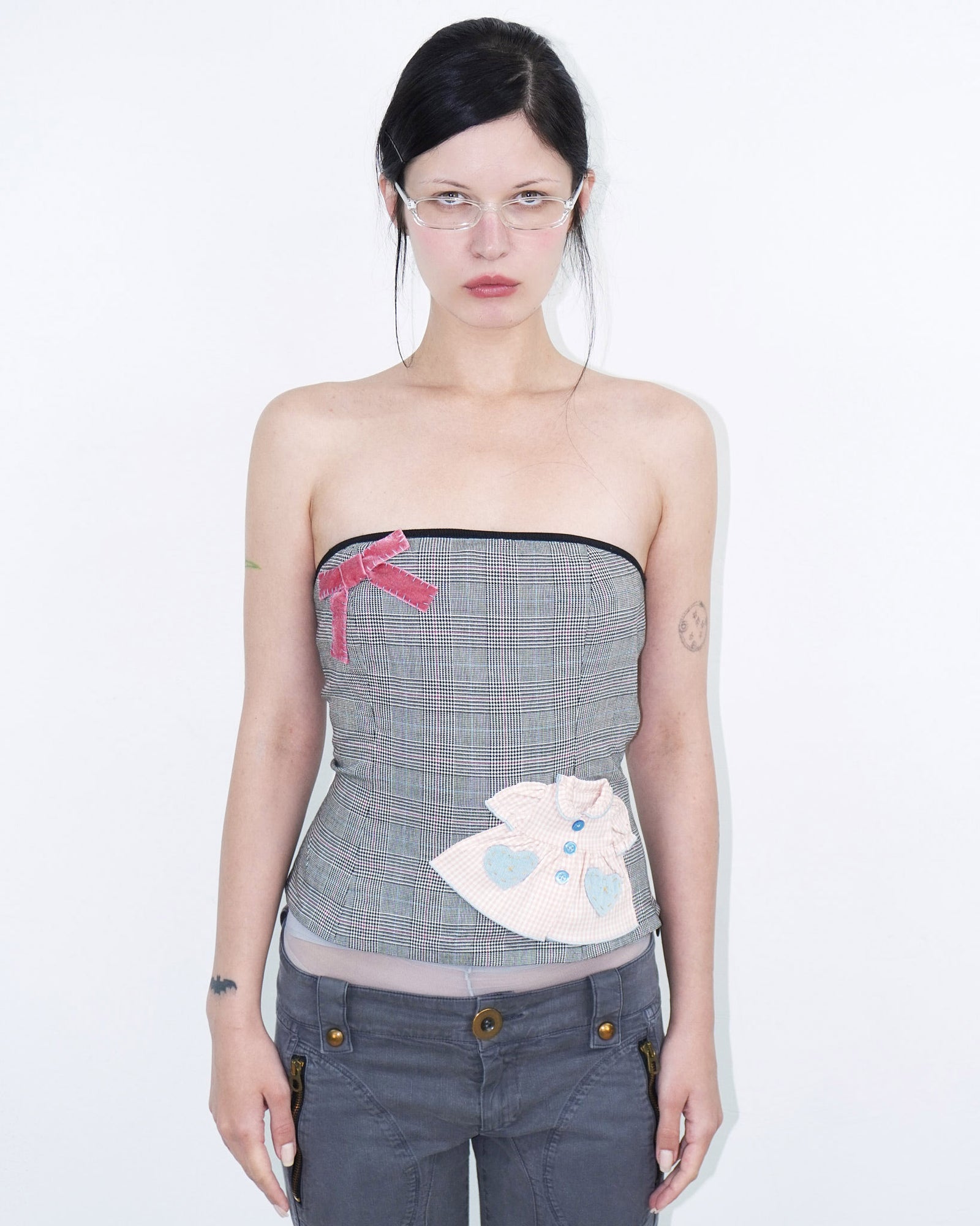 tartan tube top with ribbon and dress patches