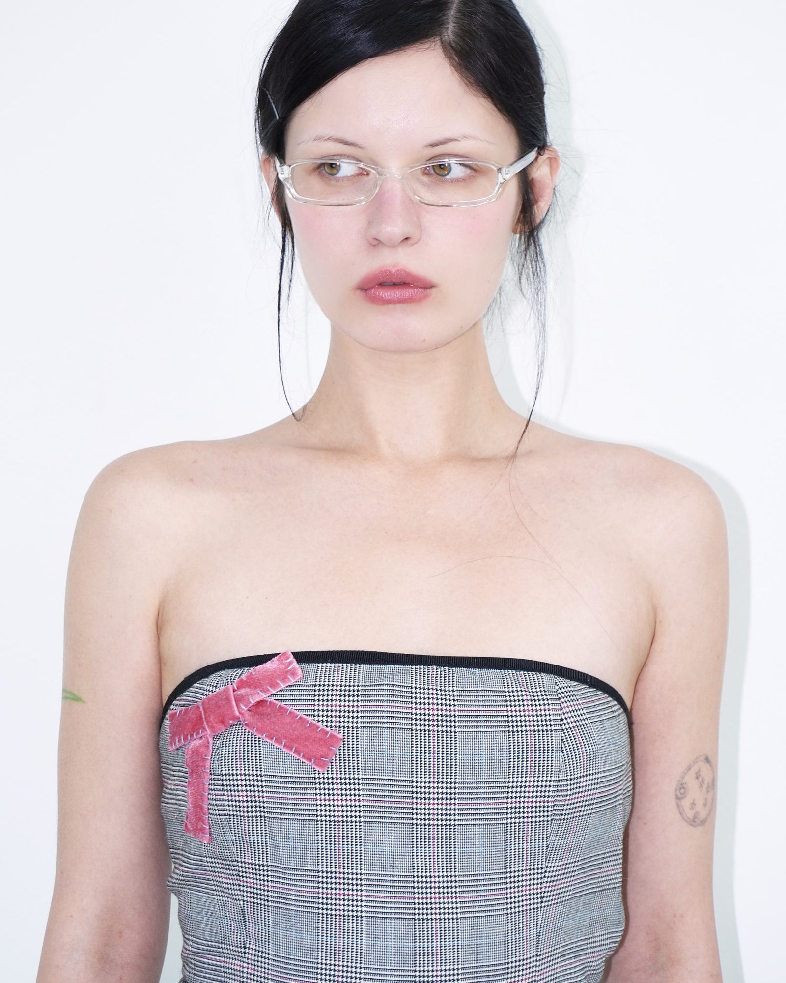 tartan tube top with ribbon and dress patches