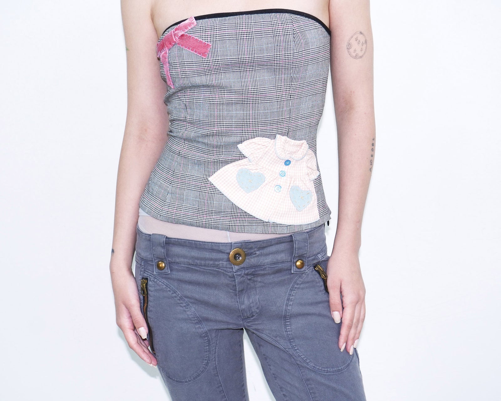 tartan tube top with ribbon and dress patches