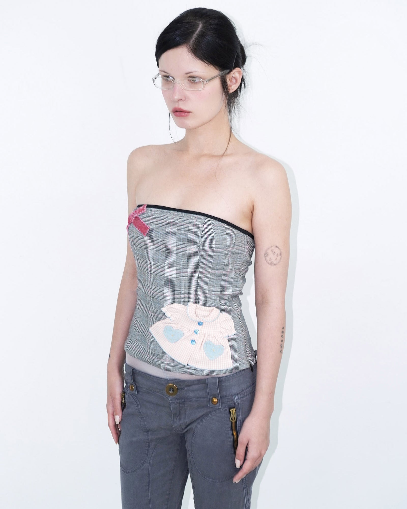 tartan tube top with ribbon and dress patches