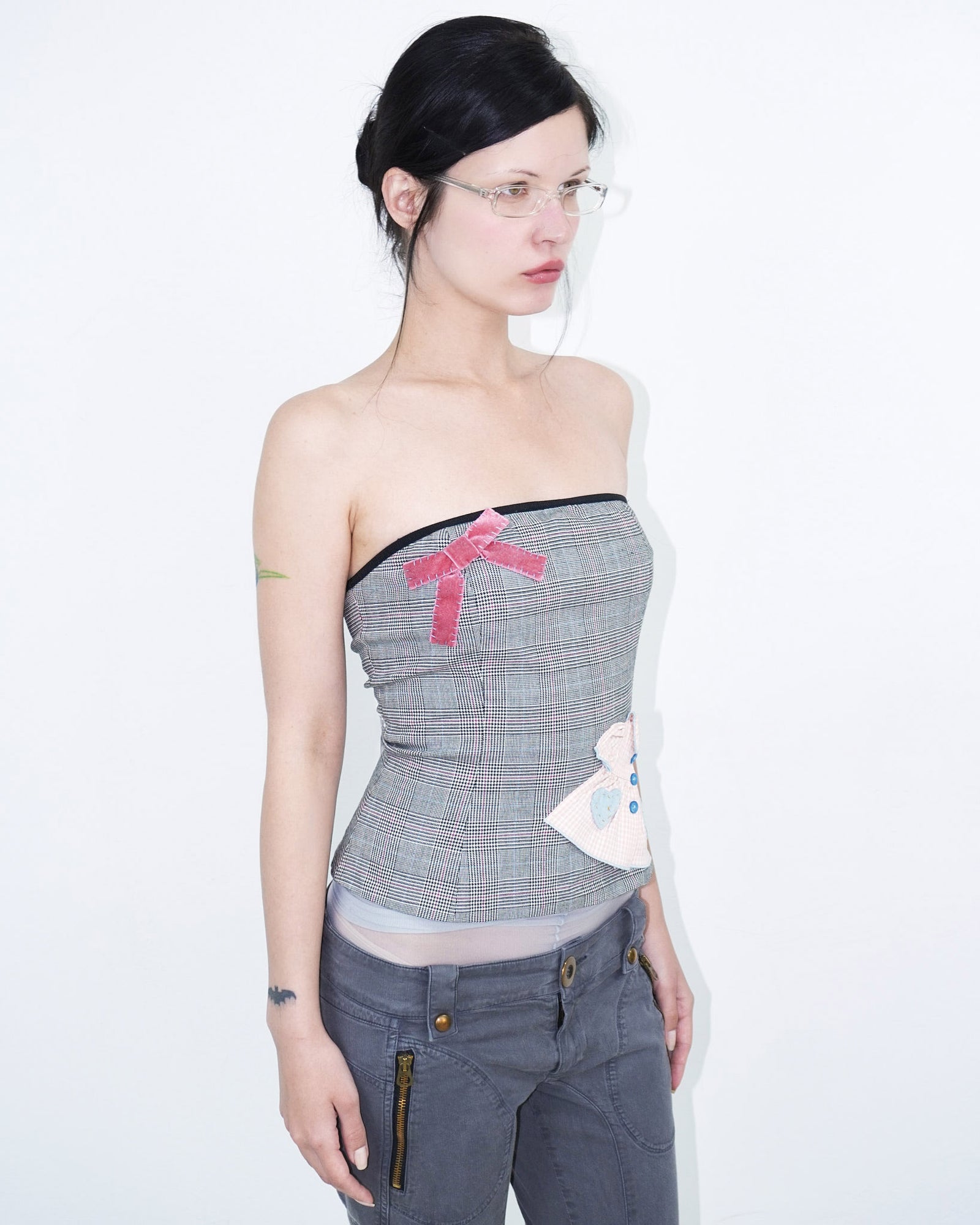 tartan tube top with ribbon and dress patches
