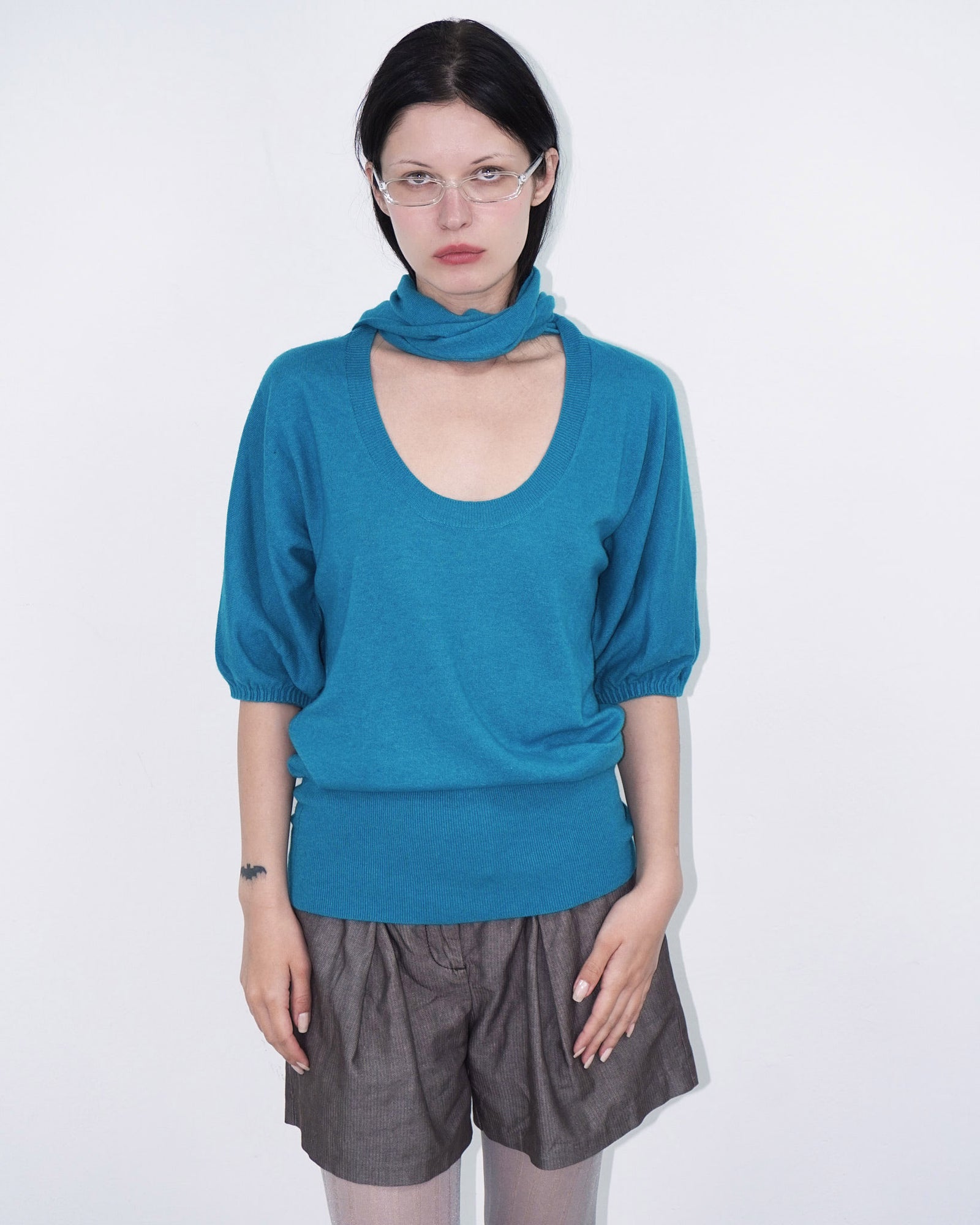 turquoise wool knit top with scarf
