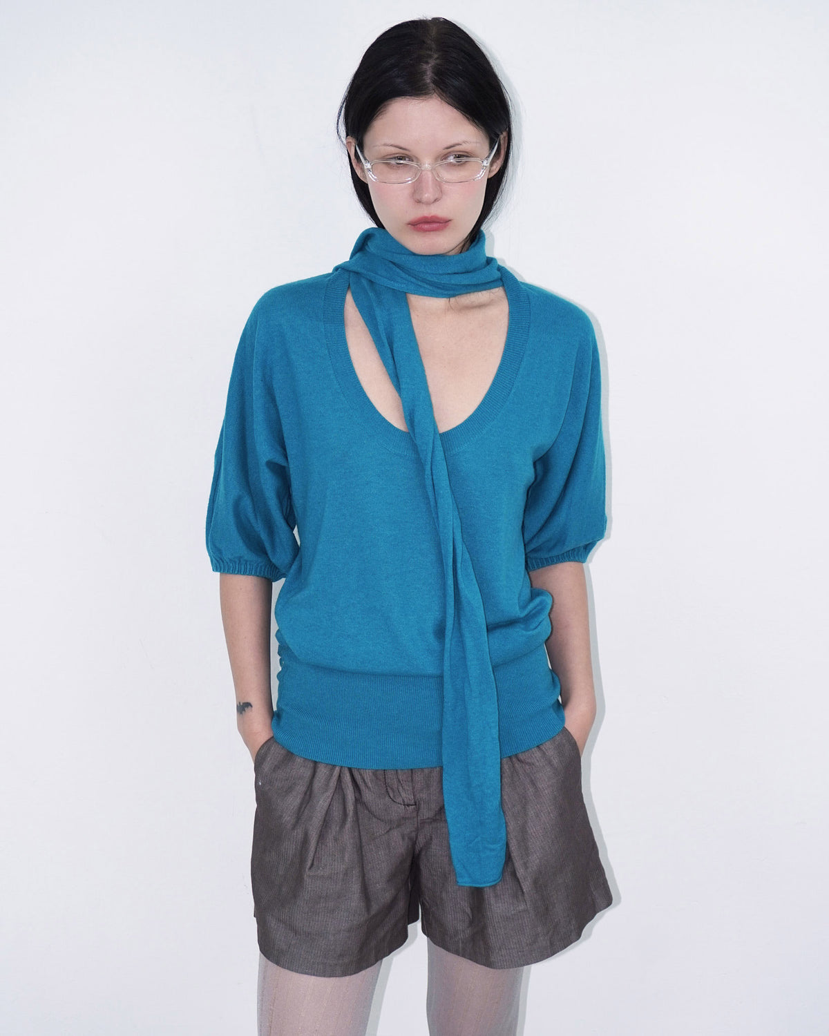 turquoise wool knit top with scarf