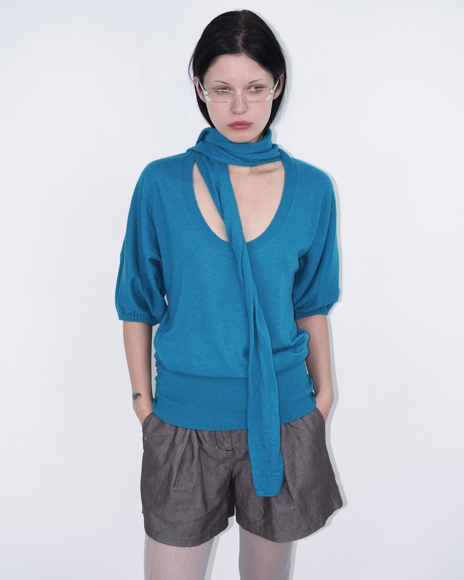 turquoise wool knit top with scarf