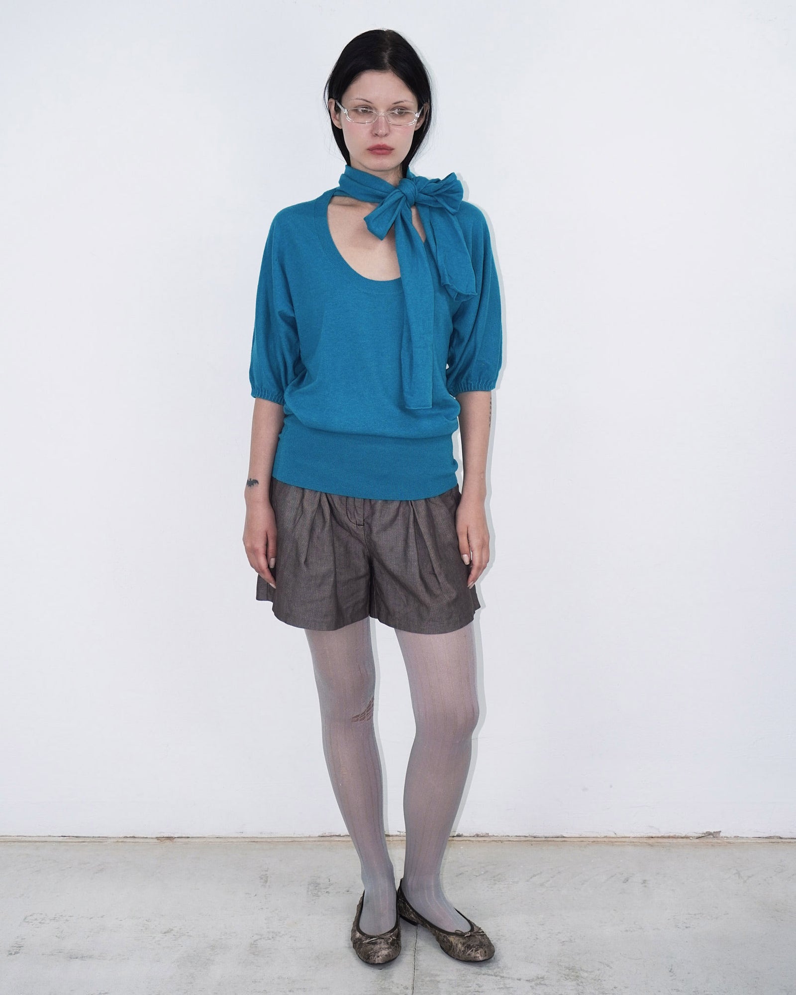 turquoise wool knit top with scarf
