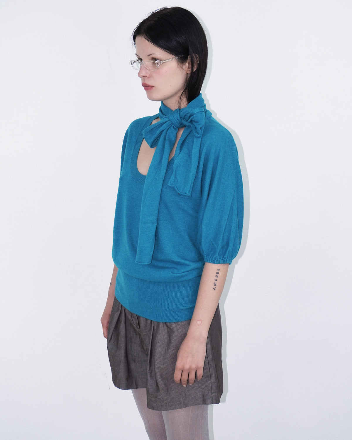 turquoise wool knit top with scarf