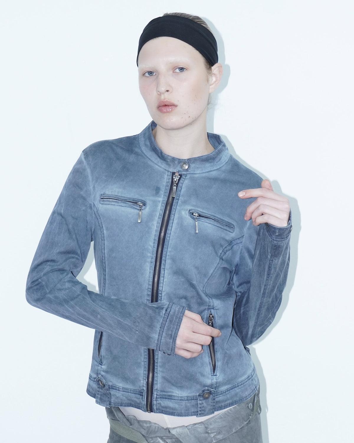 washed blue cotton biker jacket