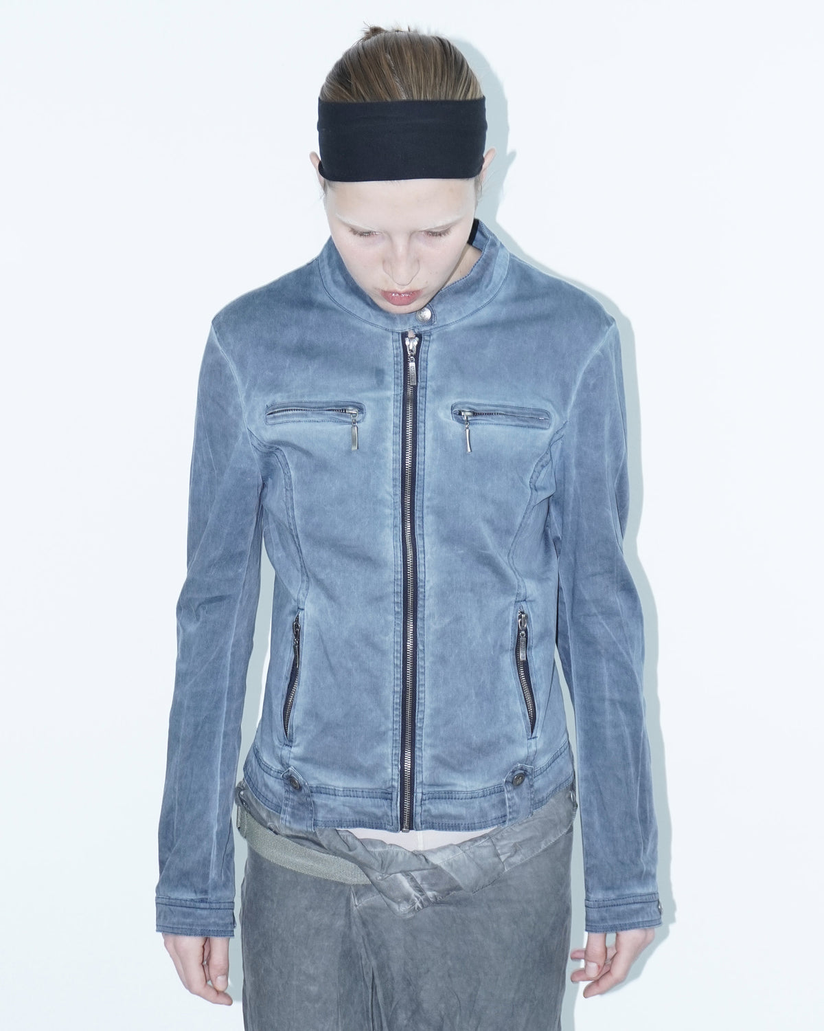 washed blue cotton biker jacket