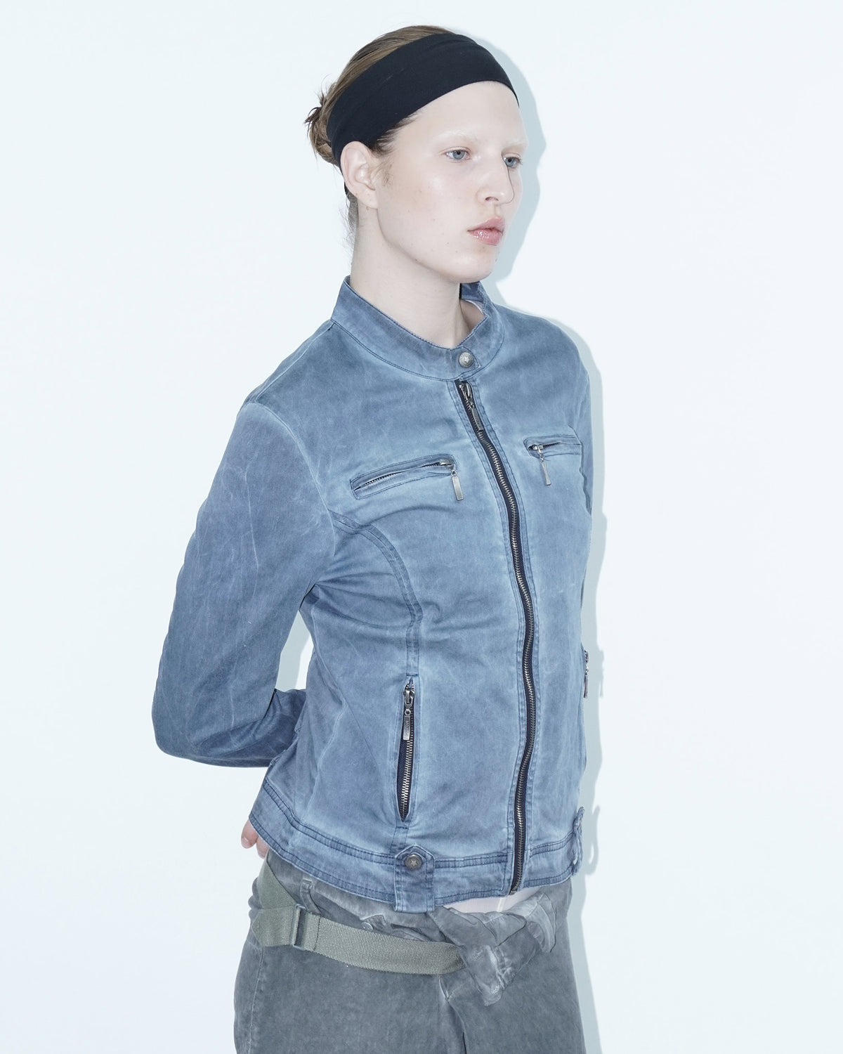 washed blue cotton biker jacket