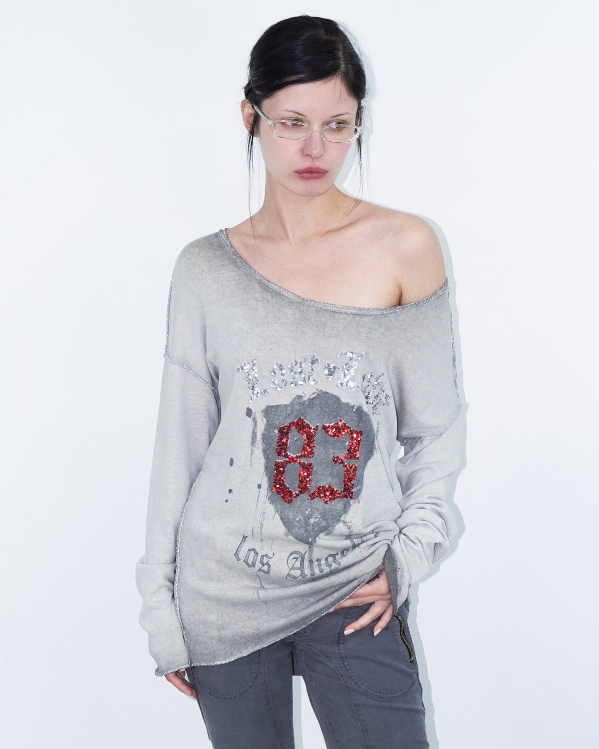 washed grey top with sequins lettering