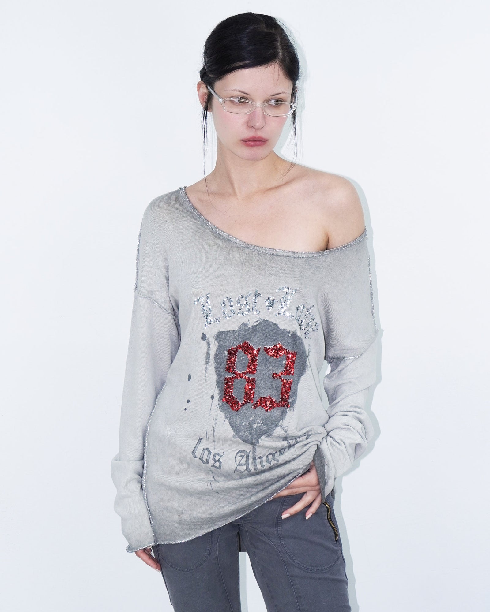 washed grey top with sequins lettering