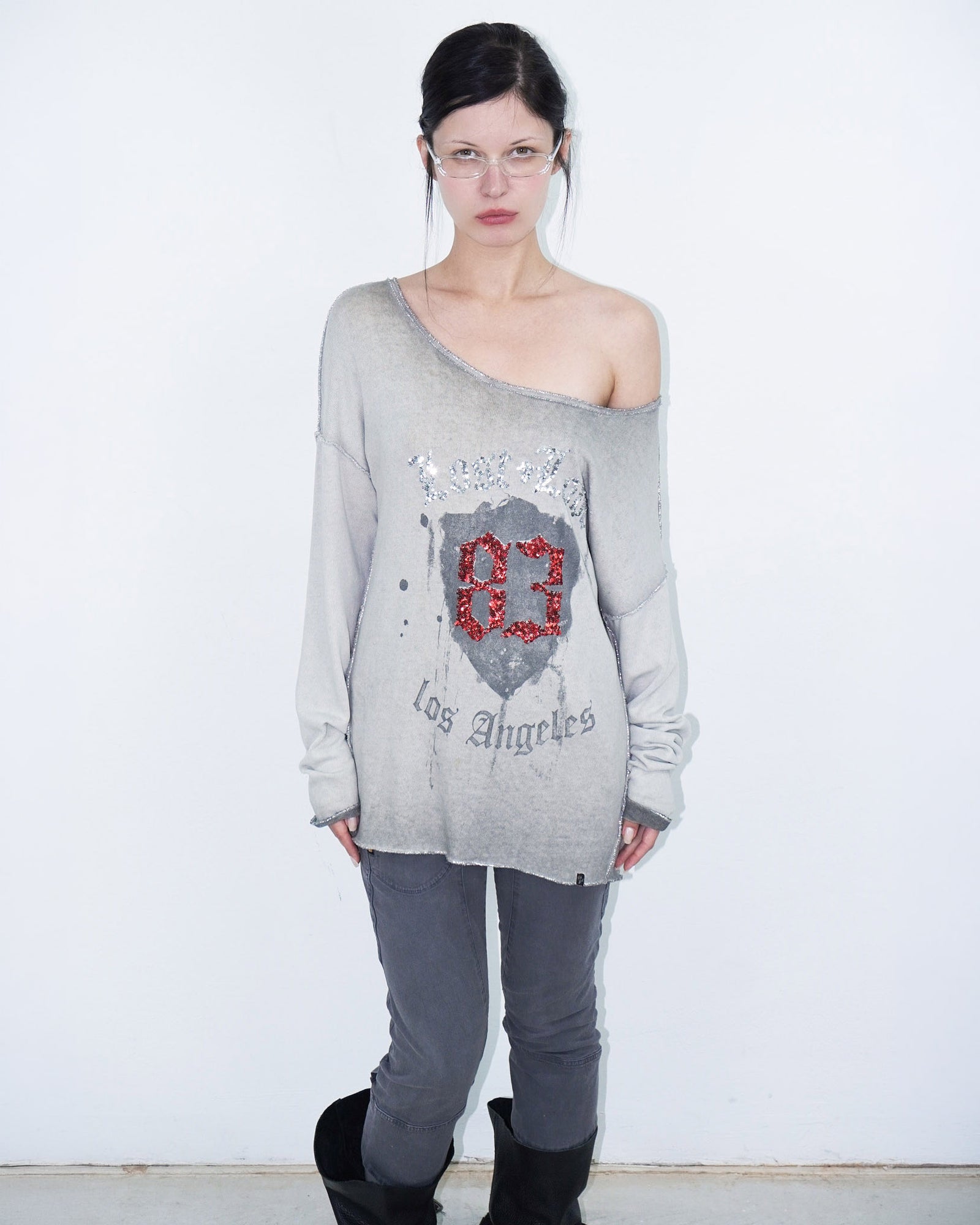 washed grey top with sequins lettering