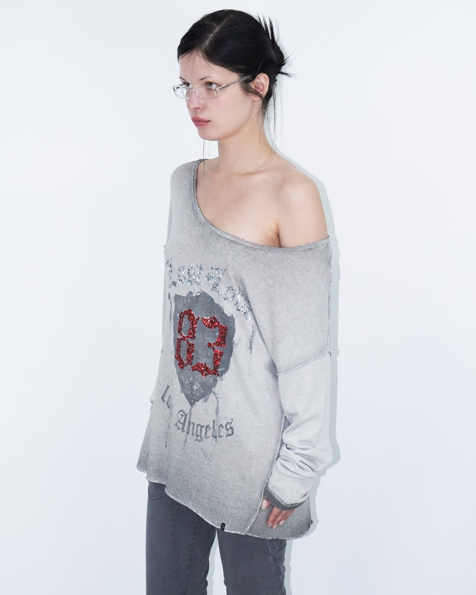 washed grey top with sequins lettering