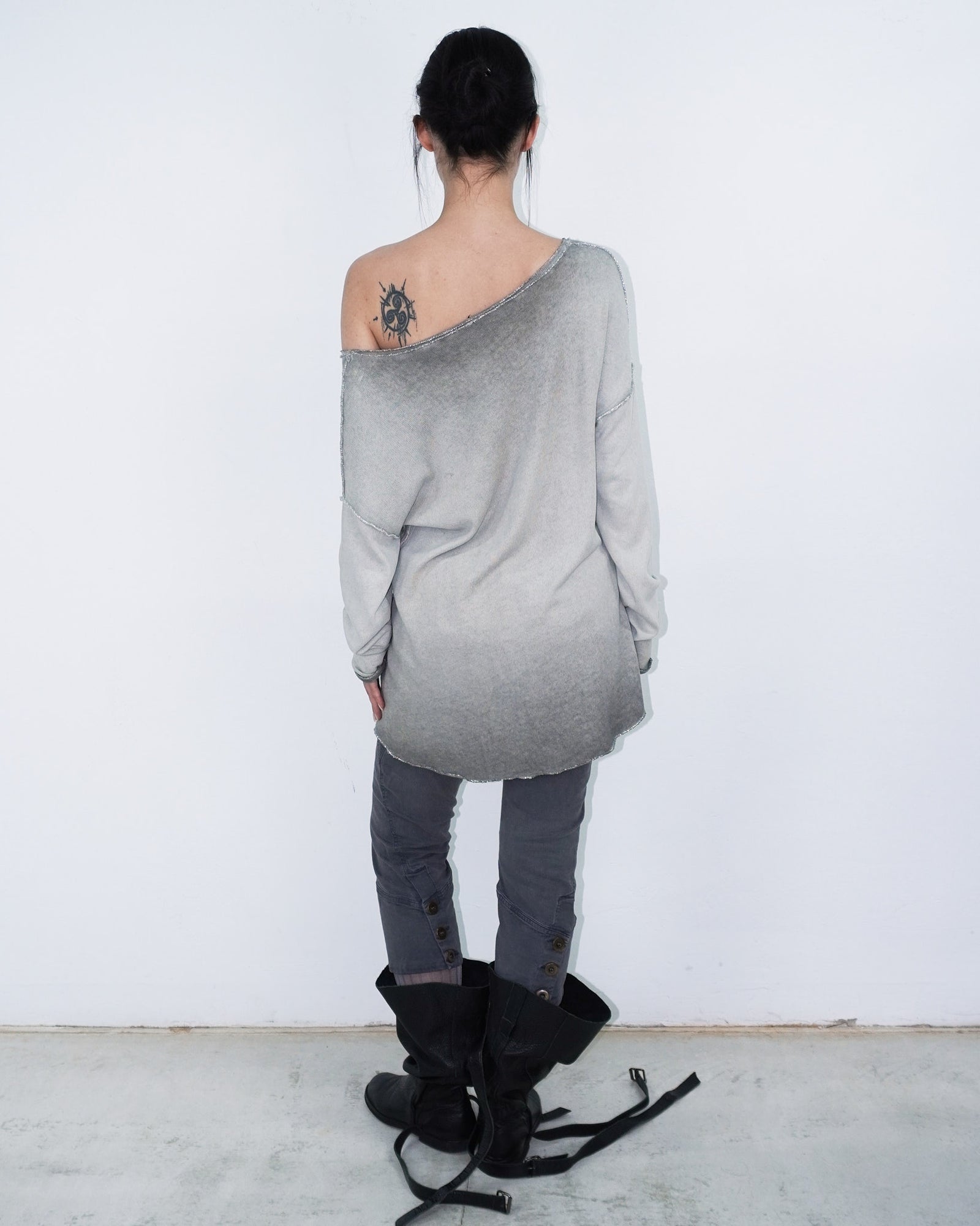 washed grey top with sequins lettering