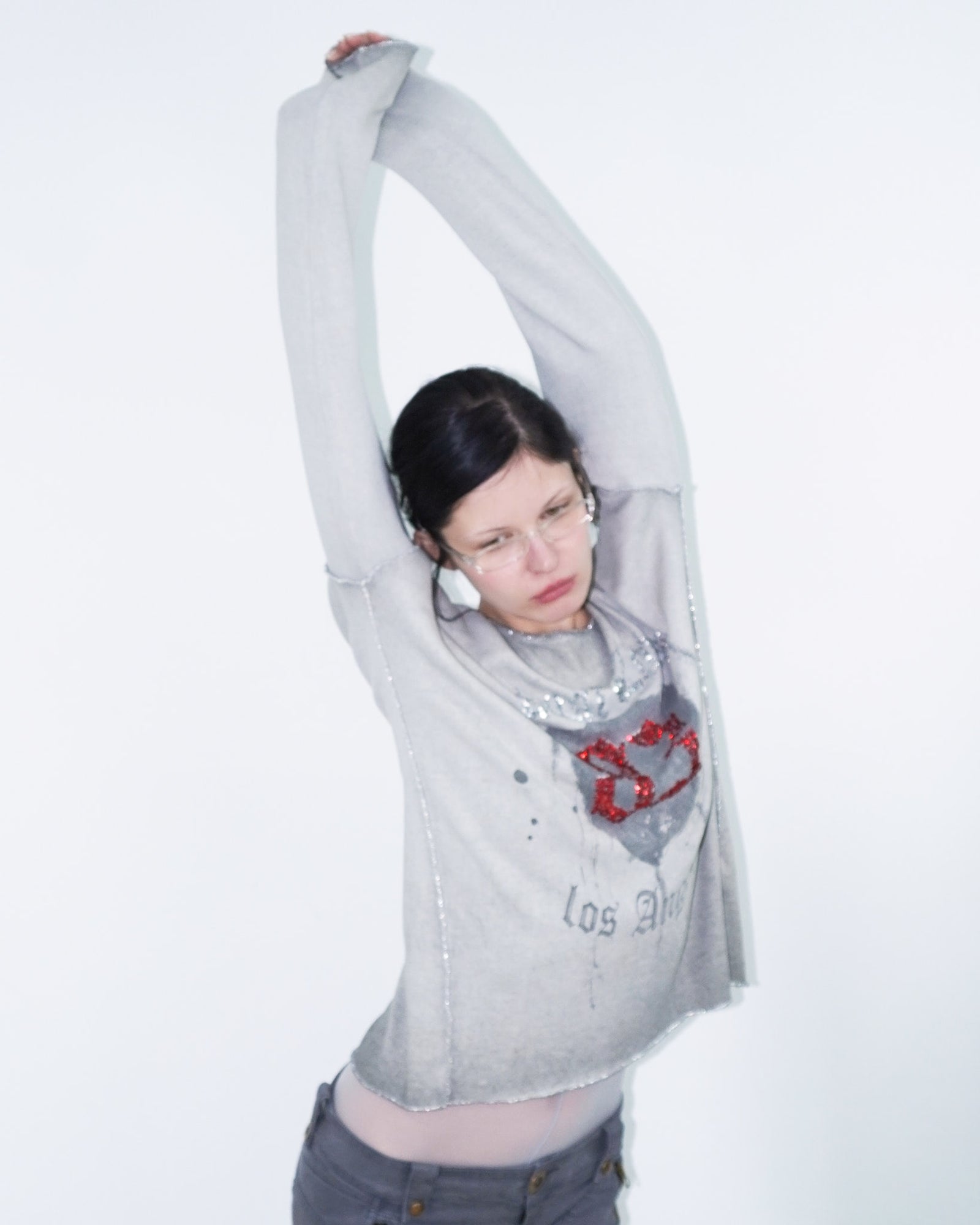 washed grey top with sequins lettering