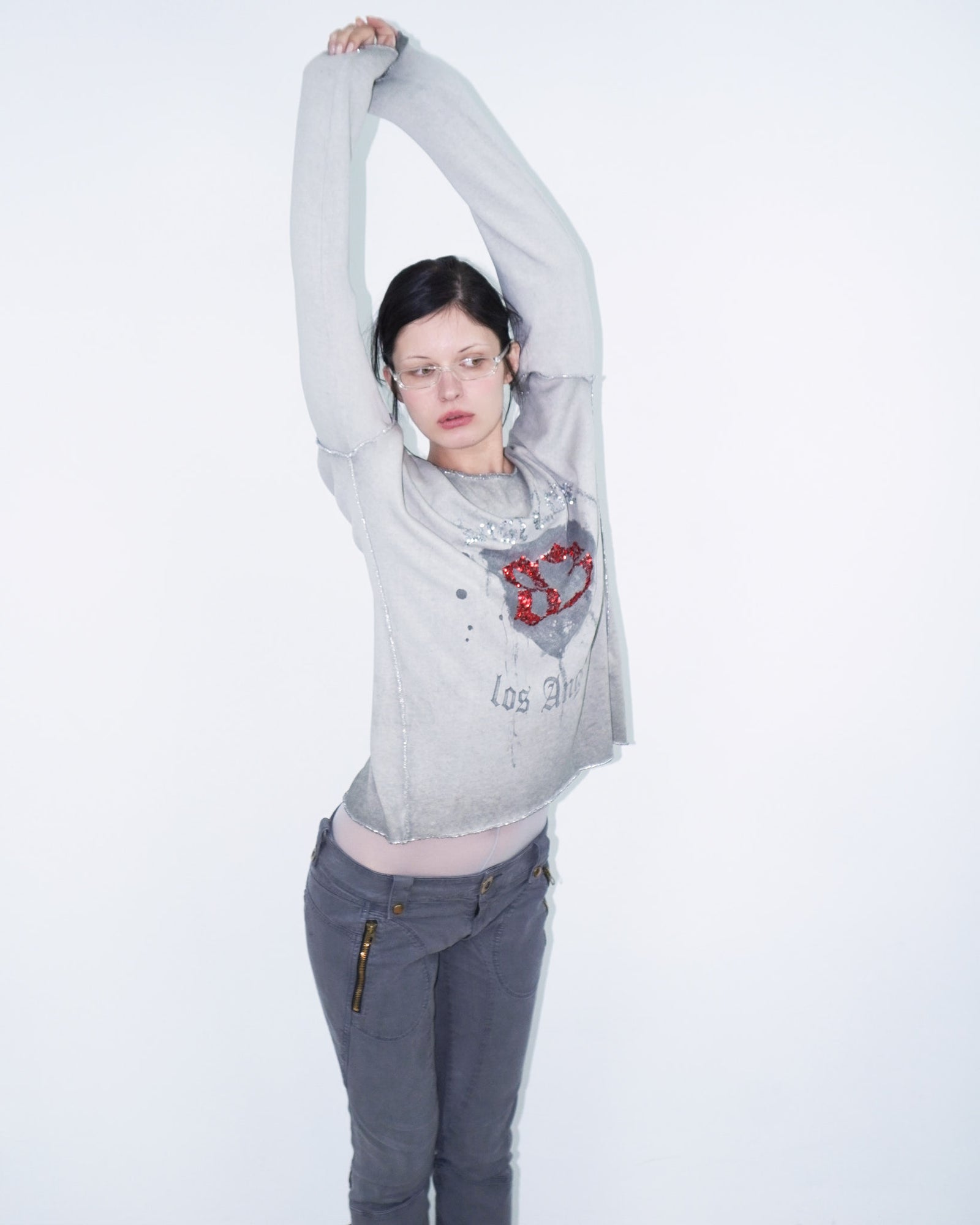 washed grey top with sequins lettering