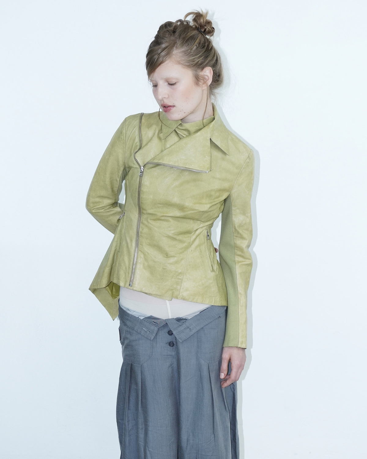 washed light green leather jacket