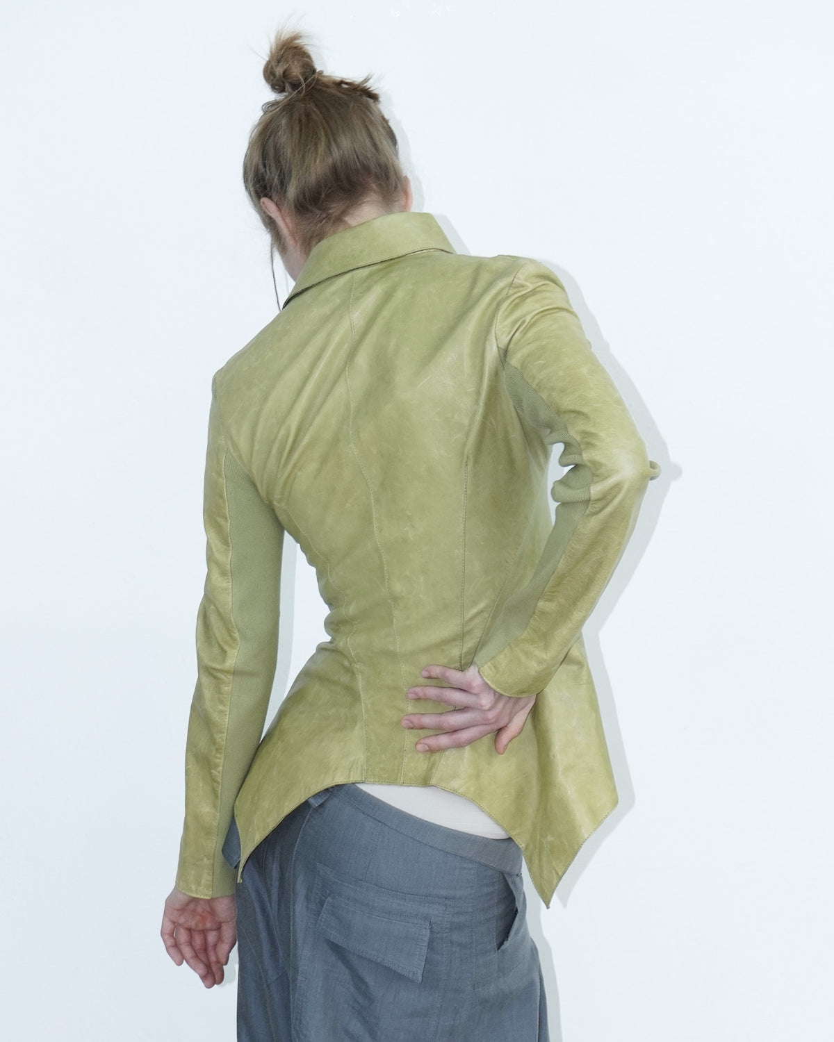 washed light green leather jacket