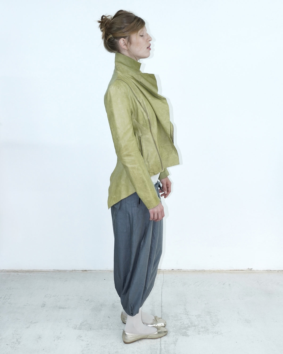 washed light green leather jacket