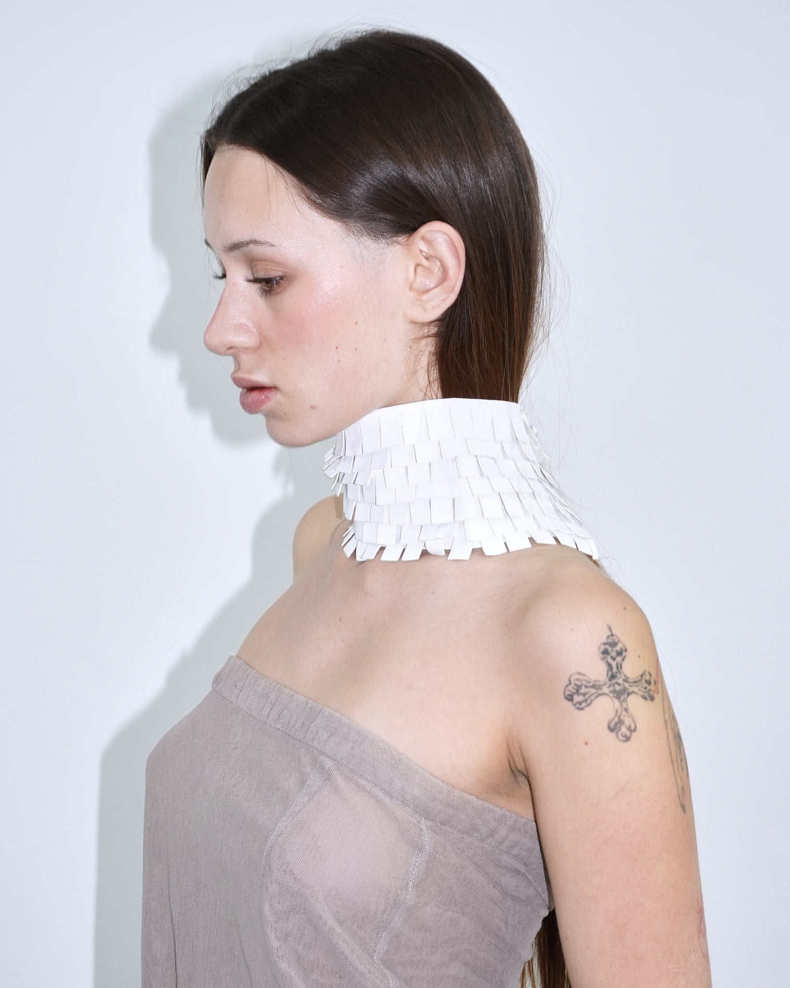 white leather fringe neck piece