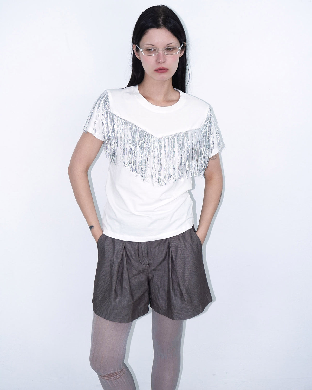 white top with sequin fringes